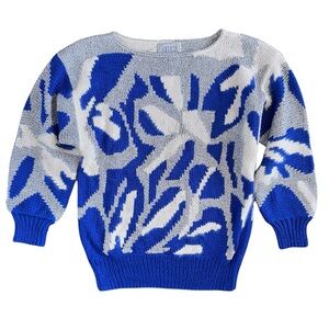 Vintage Nannell Hand-Knit Blue White Silver Boat Neck Sweater Size Small